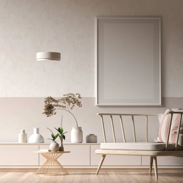 Mock up poster frame in Scandinavian style interior with wooden furnitures. Minimalist interior design. 3D illustration.