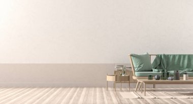 Boş duvar, ahşap mobilyalarla modern tarzda tasarlanmış. Minimalist iç tasarım. 3B illüstrasyon.