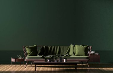 Boş duvar, ahşap mobilyalarla modern tarzda tasarlanmış. Minimalist iç tasarım. 3B illüstrasyon.