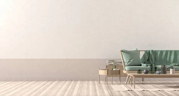 Empty wall mock up in modern style interior with wooden furnitures. Minimalist interior design. 3D illustration.