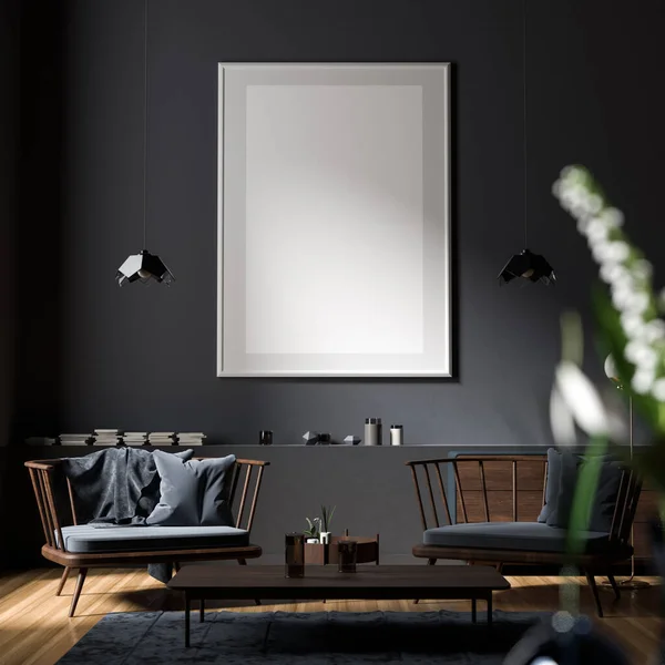İskandinav tarzında ahşap mobilyalarla süslenmiş poster çerçevesi. Minimalist iç tasarım. 3B illüstrasyon.