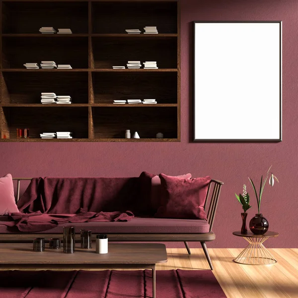 用木制家具装饰斯堪的纳维亚风格内部的招贴画框架 简约的室内设计 3D插图 — 图库照片