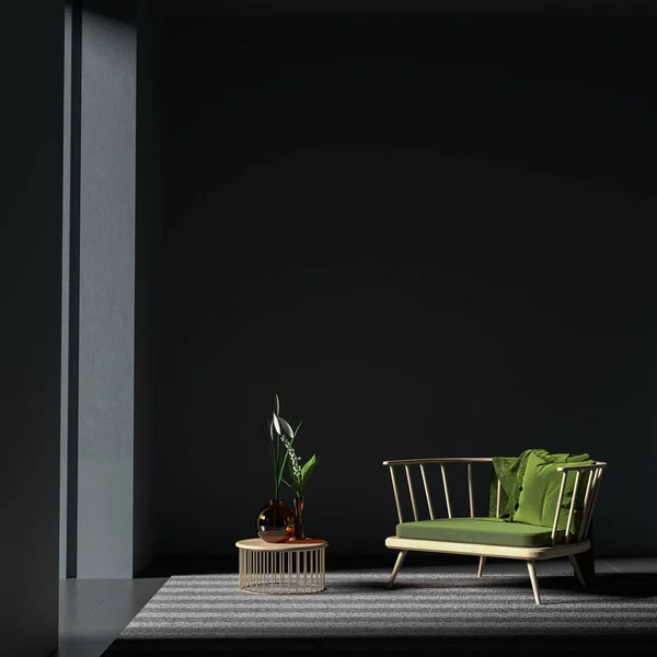 Modern style dark interior with wooden furnitures. Minimalist interior design with text space. 3D illustration.