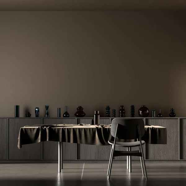 Moderne Eetkamer Met Houten Stoel Tafel Minimalistisch Donker Design Van — Stockfoto
