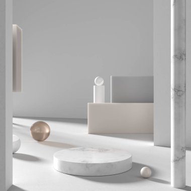 Podyum ürün sunumu için hazırlanıyor. Kozmetik ürünler podyumu. 3B illüstrasyon.