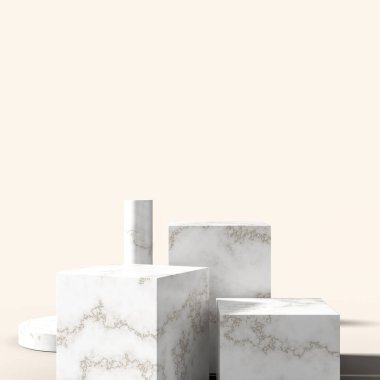 Podyum ürün sunumu için hazırlanıyor. Kozmetik ürünler podyumu. 3B illüstrasyon.