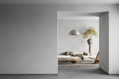 Yumuşak tonların, doğal dokuların ve basit formların huzur ve tarz dengesi yarattığı parlak, modern bir yaşam alanı. 3B illüstrasyon