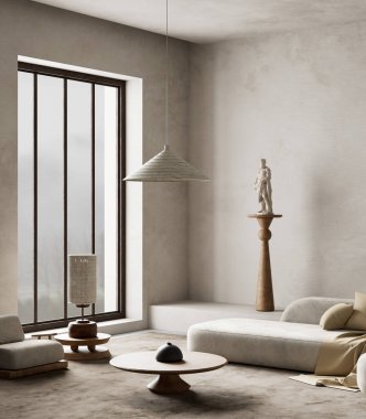  Yumuşak nötrleri, organik dokuları ve zamansız minimalist cazibe için heykelsel detayları birleştiren sakin bir iç mekan. 3B illüstrasyon