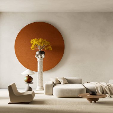 Minimalist İskandinav oturma odası, doğal ışık, nötr tonlar, ve sakin bir atmosfer için samimi dokular. 3B illüstrasyon