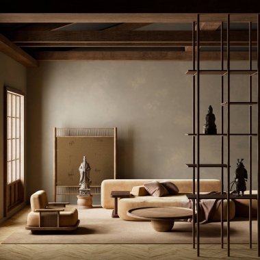 Japon tarzında rafine edilmiş bir oturma odası. Sıcak tonların, doğal dokuların ve zamansız uyum için minimum tasarımın karışımı. 3B illüstrasyon