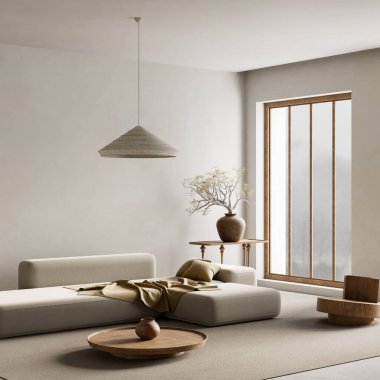 Japandi tarzıyla rahatlatıcı bir iç mekan, sıcak tarafsızlıklar ve dingin ve zamansız bir atmosfer için doğal dokular. 3B illüstrasyon