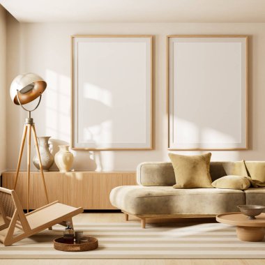 Bir İskandinav iç mimarisi. Poster çerçevesi, minimalist zarafet, sıcak tarafsızlıklar ve şık ve sakin bir atmosfer için doğal ışık içeriyor. 3B illüstrasyon