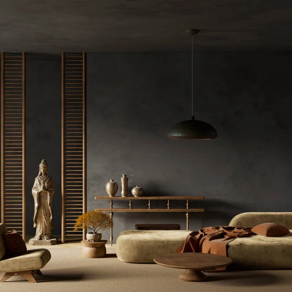 Japandi tarzında sakin bir oturma odası, koyu tonlar, doğal dokular ve zamansız sofistike tasarım için minimalist tasarım. 3B illüstrasyon
