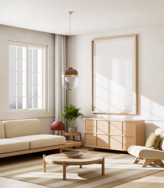 Yumuşak nötr paletli, doğal ahşap aksanlı modern bir minimalist oturma odası ve zarif iç dekorasyon için bir poster çerçevesi. 3B illüstrasyon.
