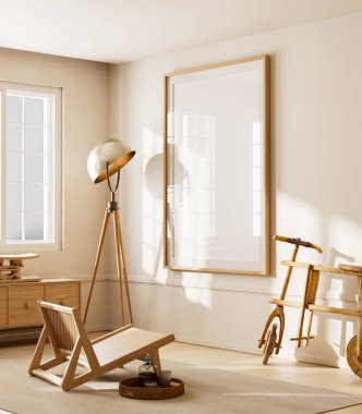 Poster çerçevesi, ahşap bisiklet, minimalist mobilyalar ve rahat ve şık bir atmosfer için doğal ışık içeren bir İskandinav iç mimarisi. 3B illüstrasyon.