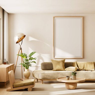 Bir İskandinav iç mimarisi. Poster çerçevesi, minimalist zarafet, sıcak tarafsızlıklar ve şık ve sakin bir atmosfer için doğal ışık içeriyor. 3B illüstrasyon