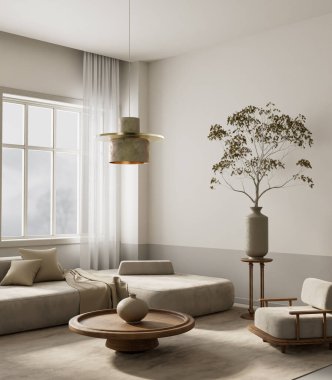 Japandi tarzını harmanlayan sakin bir oturma odası, yumuşak nötr tonlar, ve zamansız ve sakinleştirici atmosfer için doğal dokular. 3B illüstrasyon