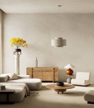 Minimalist İskandinav oturma odası, doğal ışık, nötr tonlar, ve sakin bir atmosfer için samimi dokular. 3B illüstrasyon