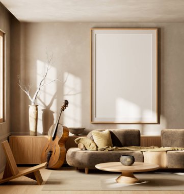Huzurlu bir İskandinav tarzı oturma odası. Poster çerçevesi, doğal ahşap tonlar ve zarif minimalist dekorlar. 3B illüstrasyon