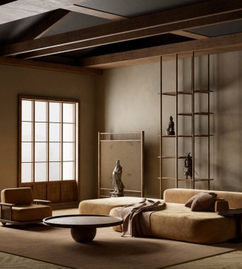 Japon tarzında rafine edilmiş bir oturma odası. Sıcak tonların, doğal dokuların ve zamansız uyum için minimum tasarımın karışımı. 3B illüstrasyon