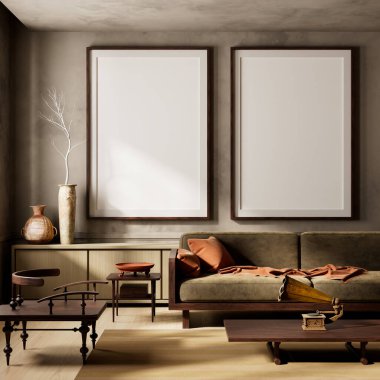 Model bir poster çerçevesi, dünyevi tonlar, klasik dekorlar ve zamansız zarafet yaratan samimi dokular içeren şık bir iç mekan. 3B illüstrasyon