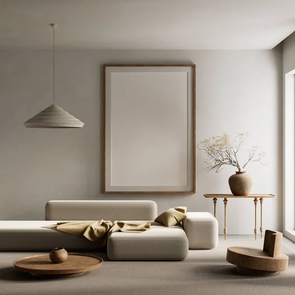 Japandi tarzıyla rahatlatıcı bir iç mekan, sıcak tarafsızlıklar ve dingin ve zamansız bir atmosfer için doğal dokular. 3B illüstrasyon