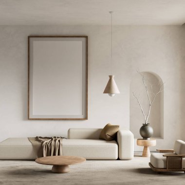 Tarafsız tonlarla, doğal dokularla ve sakin, davetkar bir atmosfer için basit zarafetle sakin bir Japandi tarzı oturma odası. 3B illüstrasyon