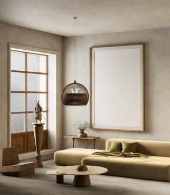 Japandi tarzında şık bir oturma odası. Toprak tonları, doğal dokuları ve sıcak, sakin bir ortam için asgari zarafeti var. 3B illüstrasyon