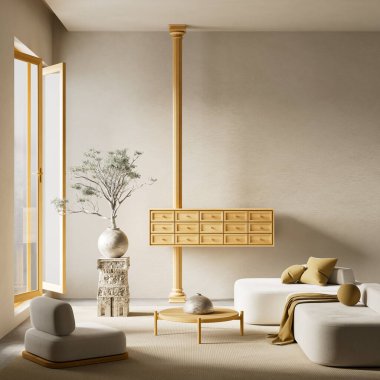 Parlak ve zarif bir ev tasarımı olan 3D çizimler için minimalist dekorasyon, rahat mobilyalar ve doğal detaylar içeren modern iç mekan oturma odası.