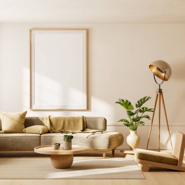 Bir İskandinav iç mimarisi. Poster çerçevesi, minimalist zarafet, sıcak tarafsızlıklar ve şık ve sakin bir atmosfer için doğal ışık içeriyor. 3B illüstrasyon