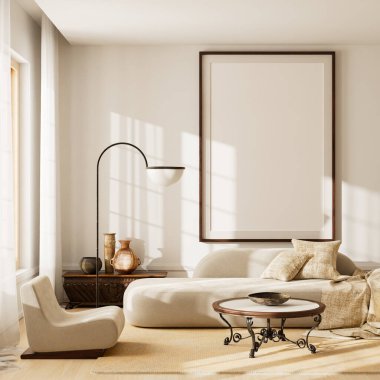 Parlak İskandinav oturma odası yumuşak bej kanepe, ahşap aksanlar, doğal ışık ve samimi atmosfer, zamansız bir iç mekan yaratıyor. 3B illüstrasyon