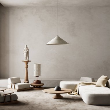  Yumuşak nötrleri, organik dokuları ve zamansız minimalist cazibe için heykelsel detayları birleştiren sakin bir iç mekan. 3B illüstrasyon
