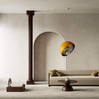 Minimalist tasarımı, doğal dokuları ve zamansız zarafeti nötr tonlarla ve modern basitlikle harmanlayan bir İskandinav iç oturma odası keşfedin. 3B illüstrasyon