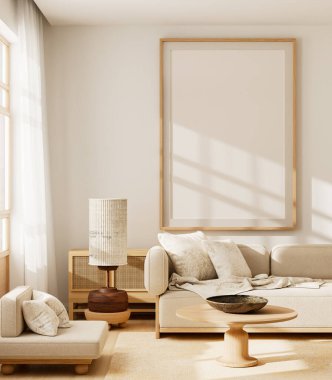 Parlak İskandinav oturma odası, poster çerçeveleri, bej kanepe, ahşap mobilya ve doğal ışık, rahat ve zamansız bir iç mekan yaratıyor. 3B illüstrasyon