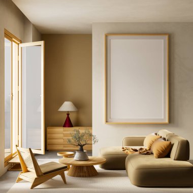 Parlak ve rahat İskandinav iç tasarım oturma odası minimalist mobilyalar, doğal ışık ve sıcak tonlarla modern bir İskandinav tarzı yaratıyor. 3B illüstrasyon