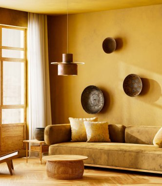 Sıcak boho eklektik oturma odası, sarı duvarlar, sanatsal duvar dekoru, rahat kanepe ve doğal dokular, canlı ve davetkar bir atmosfer yaratıyor. 3B illüstrasyon