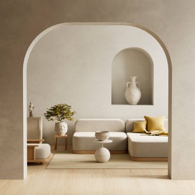 Zarif Japon oturma odası. Minimalist mobilyalar, sıcak nötr tonlar, doğal ışık ve sakin çağdaş tasarım. 3B illüstrasyon