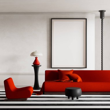 Avantajlı detaylar ve endüstriyel etkiyle, cesur tasarım ve sanatsal iç stili harmanlayan minimalist modern bir oturma odası. 3B illüstrasyon