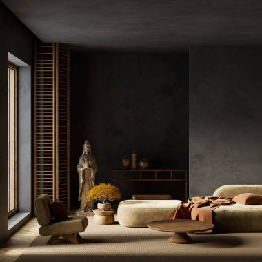Japandi tarzında sakin bir oturma odası, koyu tonlar, doğal dokular ve zamansız sofistike tasarım için minimalist tasarım. 3B illüstrasyon