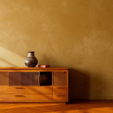 Sıcak, ahşap bir büfe. Toprak duvarına çömlek süsü sürmüş. Kırsal cazibe ve minimalist zarafeti harmanlamış. 3B illüstrasyon.