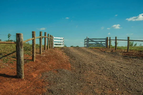 Farm gate with cattle guard and barbed wire fence