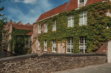 Bruges kanalı üzerinde creeper ile köprü ve tuğla binalar