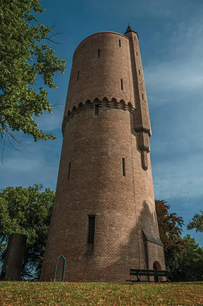 Parc avec sentier et tour de briques à Bruges — Photo