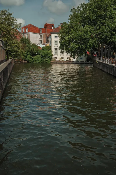 Groen en bakstenen gebouwen aan het kanaal van Brugge — Stockfoto