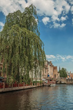 Bruges kanalı üzerinde tuğla binalar ile köprü ve yapraklı ağaç
