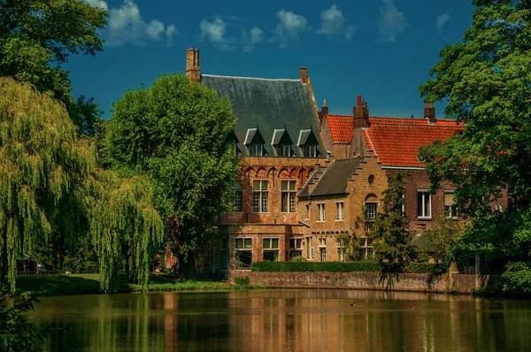 Lago rodeado de vegetación y antiguo edificio de ladrillo en Brujas — Foto de Stock