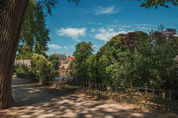 Camino en medio de la vegetación con lago y antiguo edificio de ladrillo en Brujas — Foto de Stock