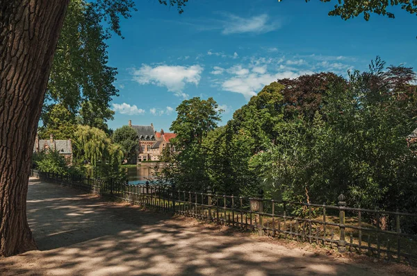 Pad te midden van groen met meer en oude bakstenen gebouw in Brugge — Stockfoto