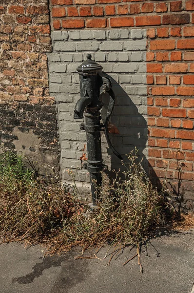 Water pump made of iron in front of brick wall