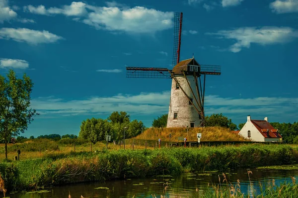 Antiguo molino de viento junto al canal con arbustos y arboleda cerca de Damme — Foto de Stock